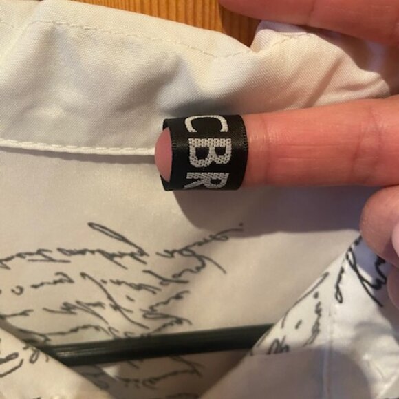 CBR Womens tailored button down white silk shirt with black writing Size L - Picture 3 of 8